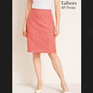 Talbots Skirt 8P Petite Pink Orange Ditsy Floral Tulip Cotton Stretch Slit NWT